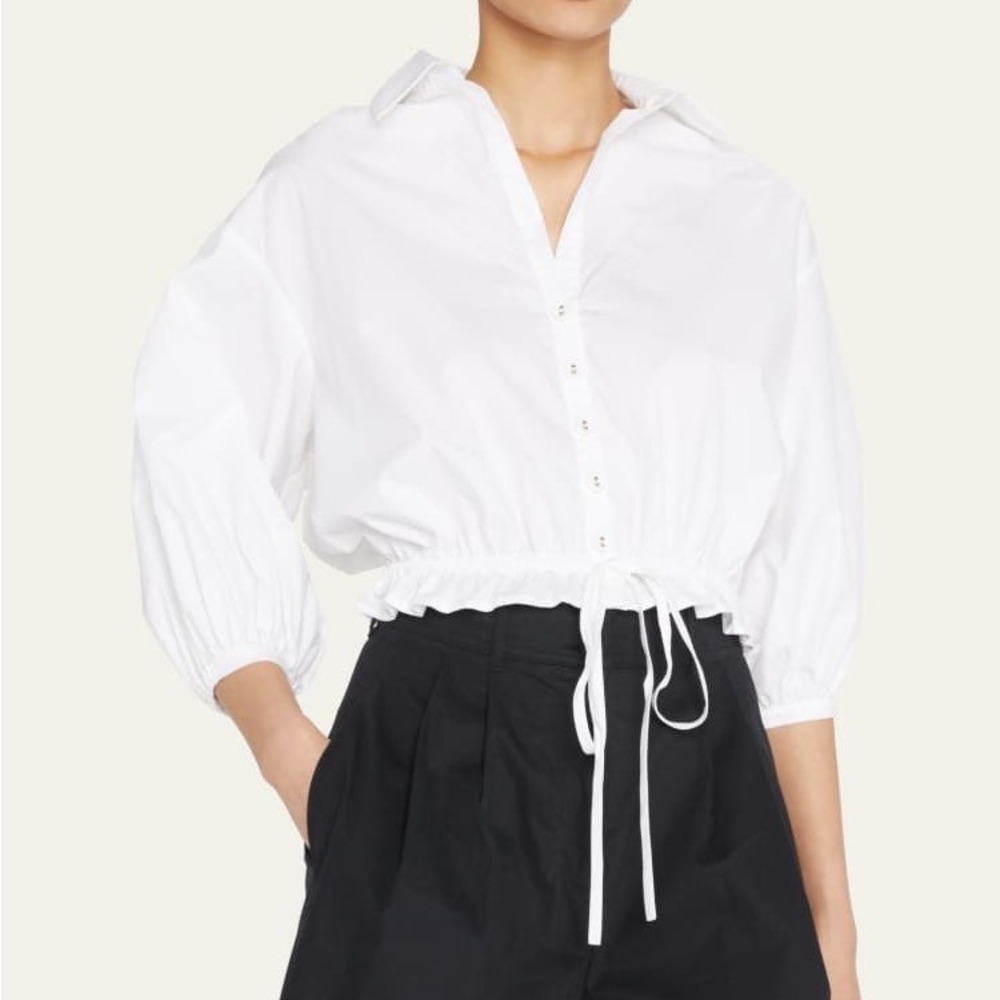 Cara Cara White Cotton Poplin Puff Sleeve Drawstring Crop Top Shirt XS o3